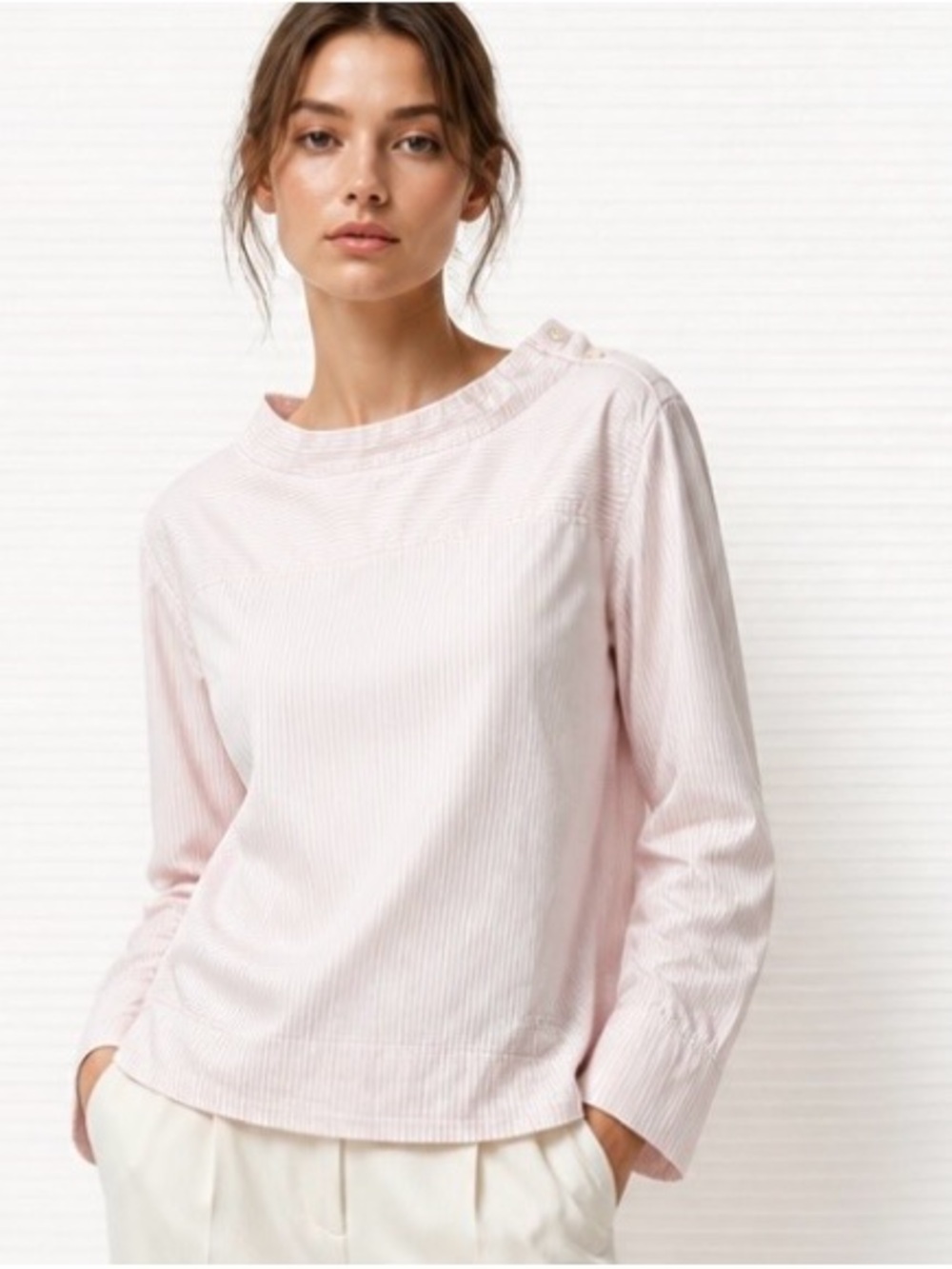 J CREW Funnel Neck Top Blouse Pink White Stripe Cotton Cruise Sz 0